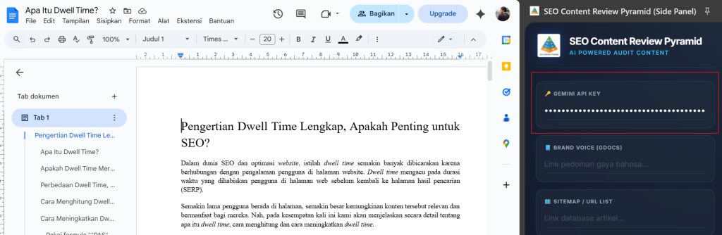 Pemasangan Gemini API Key di extension SEO Content Review Pyramid
